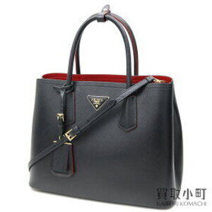 Prada Saffiano Leather Double Bag Triangle Logo Shopping CUIR Nero FUOCO